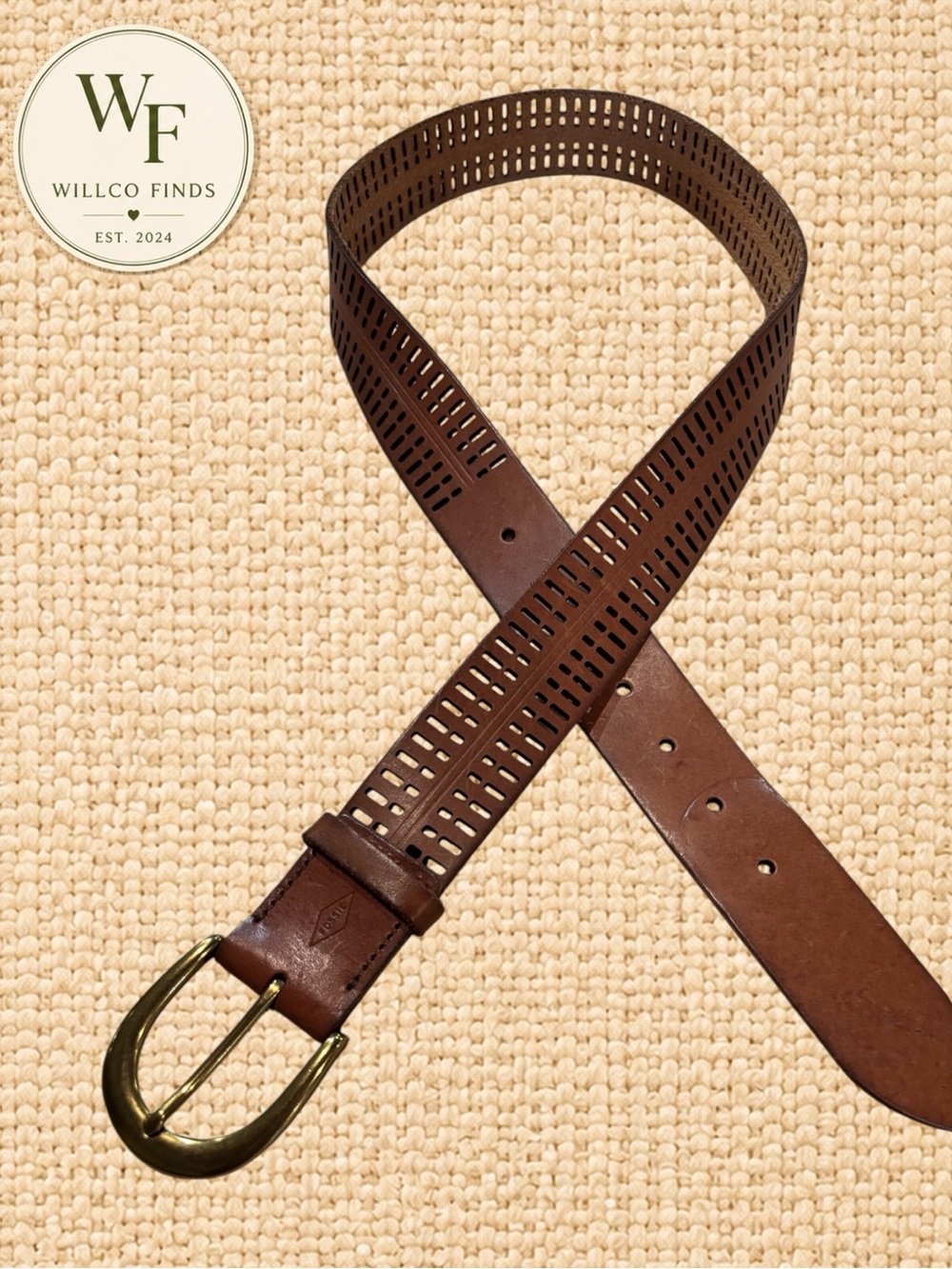 Fossil Brown Genuine Leather Perforated Belt Size L Brass Buckle Boho Western